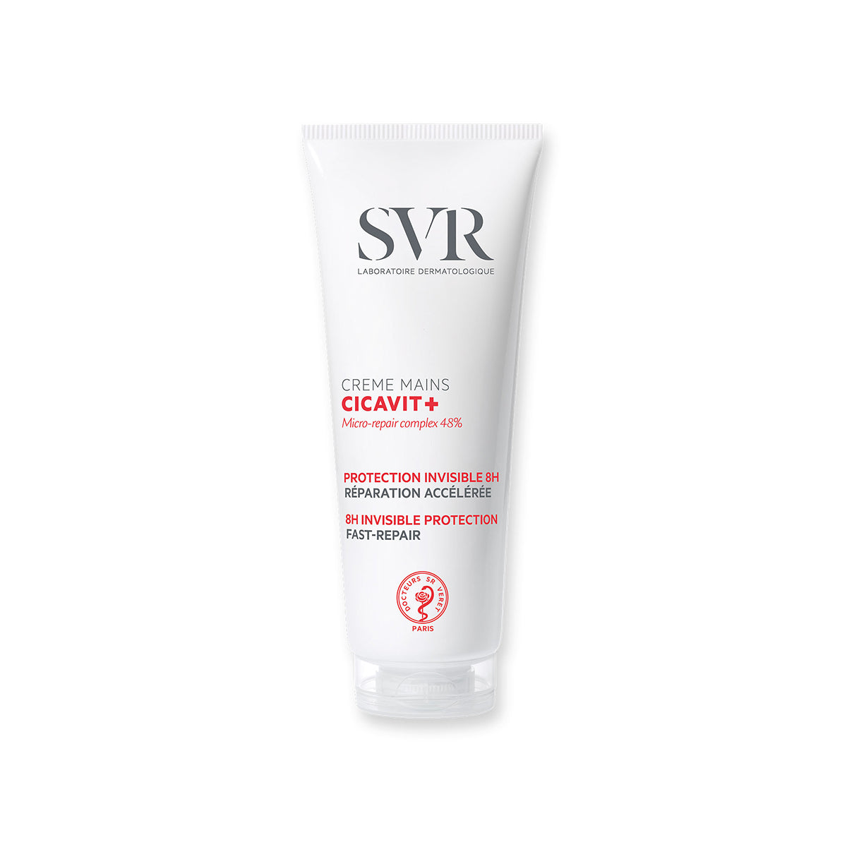 Tubo branco de creme de mãos SVR Cicavit+ com tampa transparente e texto informativo em tons de vermelho e cinzento.