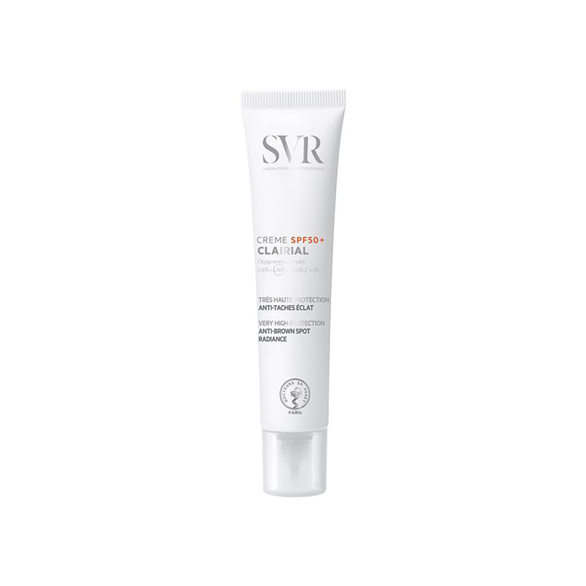 Tubo branco de creme SVR Clairial SPF50+ com tampa transparente, focado em proteção solar e redução de manchas escuras.