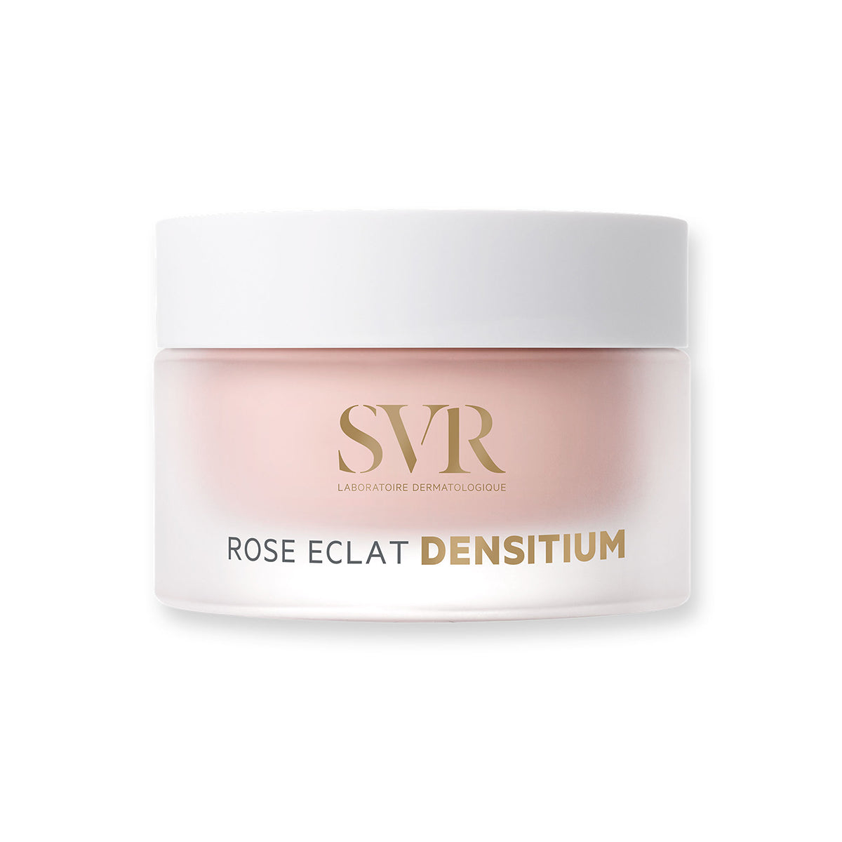 Frasco de creme facial SVR Densitium Rose Eclat com tampa branca e embalagem de vidro fosco rosado.
