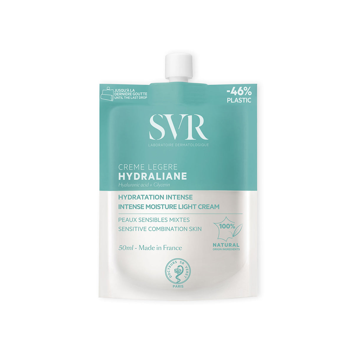 Embalagem flexível de 50ml SVR Hydraliane Creme Legere em tons de azul e branco para pele mista e sensível.