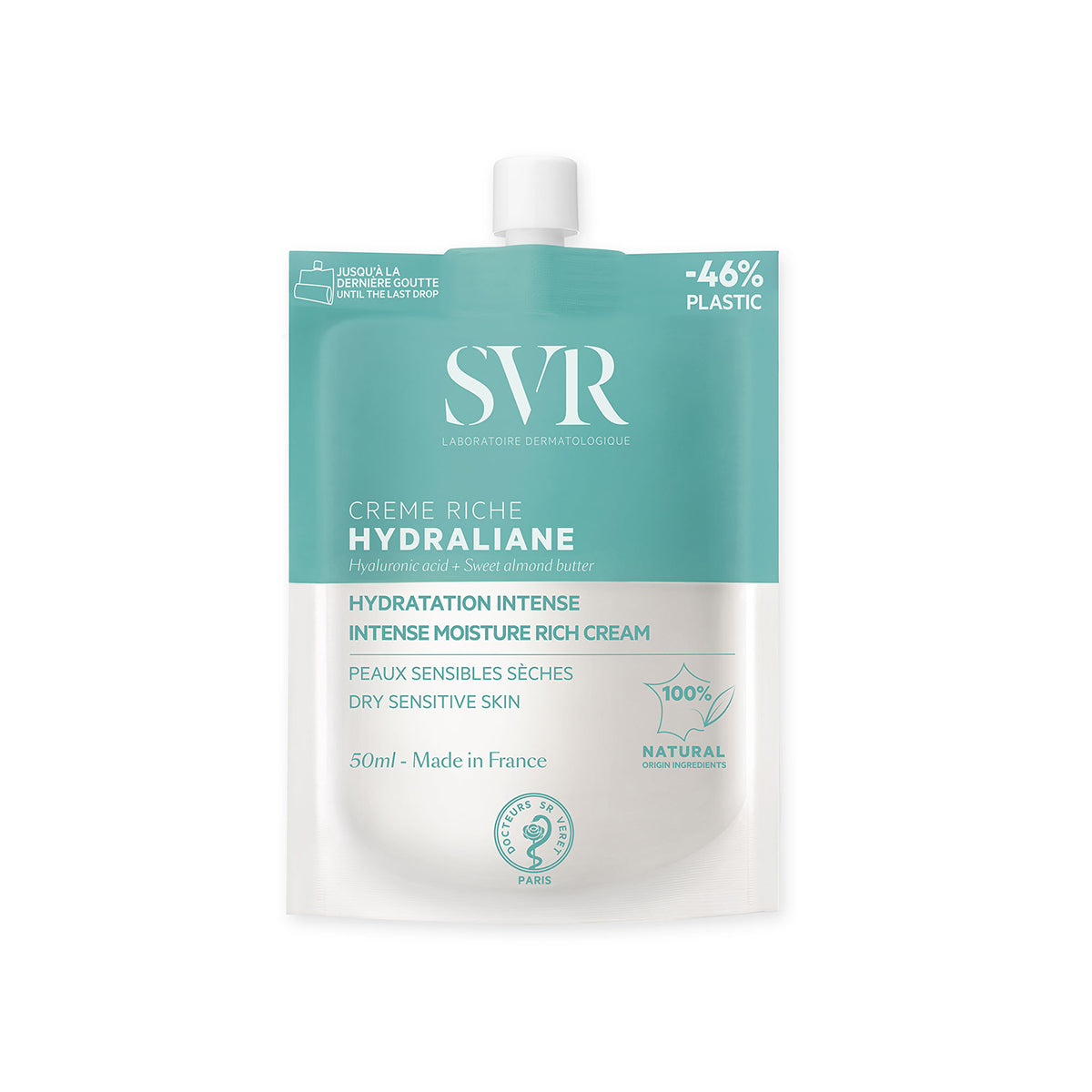 Embalagem flexível de 50ml do creme hidratante SVR Hydraliane Riche em tons de azul e branco com tampa de rosca.