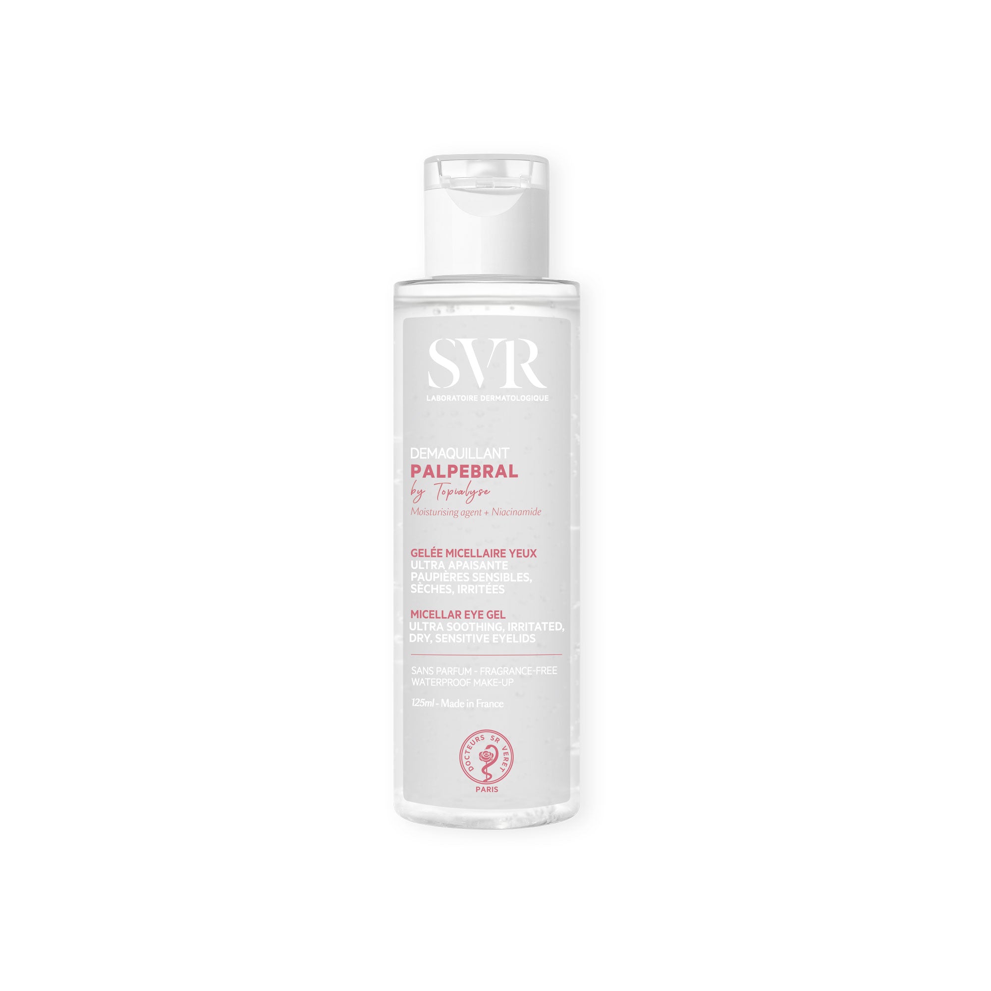 Frasco transparente de gel desmaquilhante SVR Palpebral de 125ml com tampa branca, ideal para olhos sensíveis.