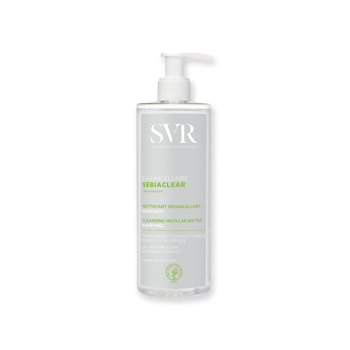 Frasco de 400ml de SVR Sebiaclear Eau Micellaire com doseador branco para limpeza de pele oleosa e com tendência acneica.