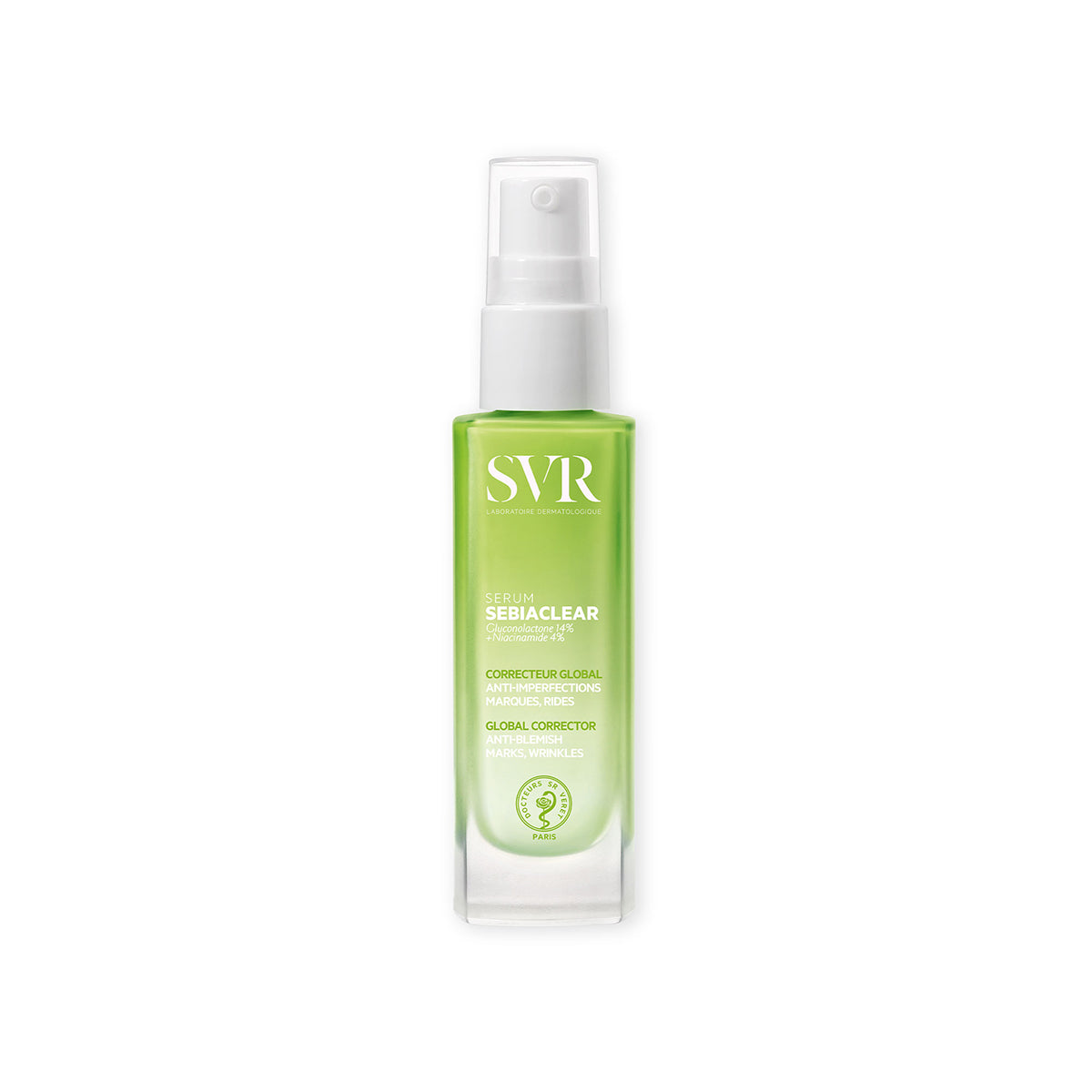 Frasco de vidro transparente com sérum verde SVR Sebiaclear, doseador branco e rótulo informativo sobre tratamento anti-imperfeições.