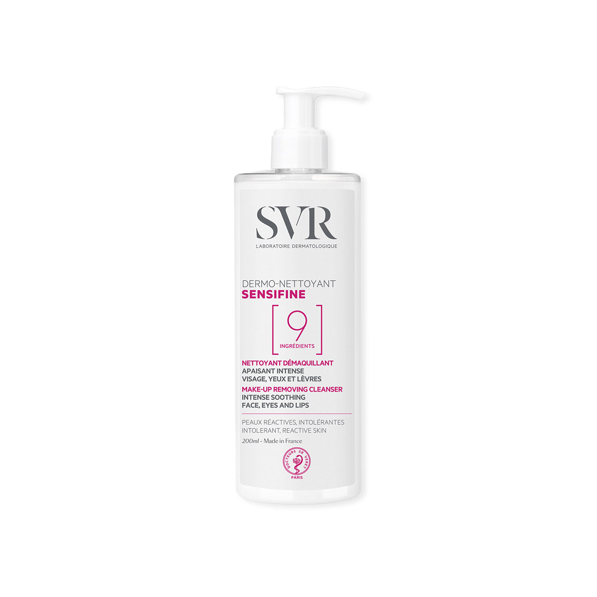 Embalagem de 200ml do gel-creme de limpeza SVR Sensifine Dermo-Nettoyant com doseador branco em fundo branco.