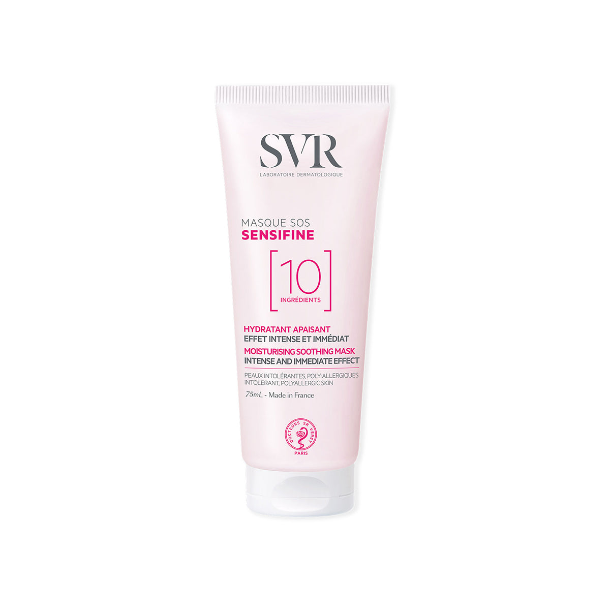 Bisnaga de 75ml da máscara SVR Sensifine SOS de cor rosa claro, com tampa branca e design minimalista para pele sensível.