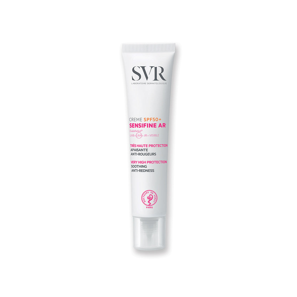 Tubo branco de creme SVR Sensifine AR SPF50+ com tampa transparente, focado em proteção solar e redução de vermelhidão.