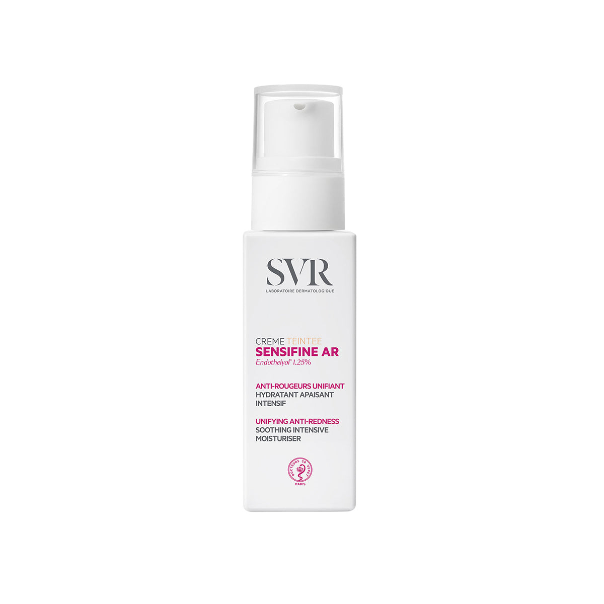 Embalagem branca do creme com cor SVR Sensifine AR com doseador, para pele com vermelhidão e efeito suavizante.