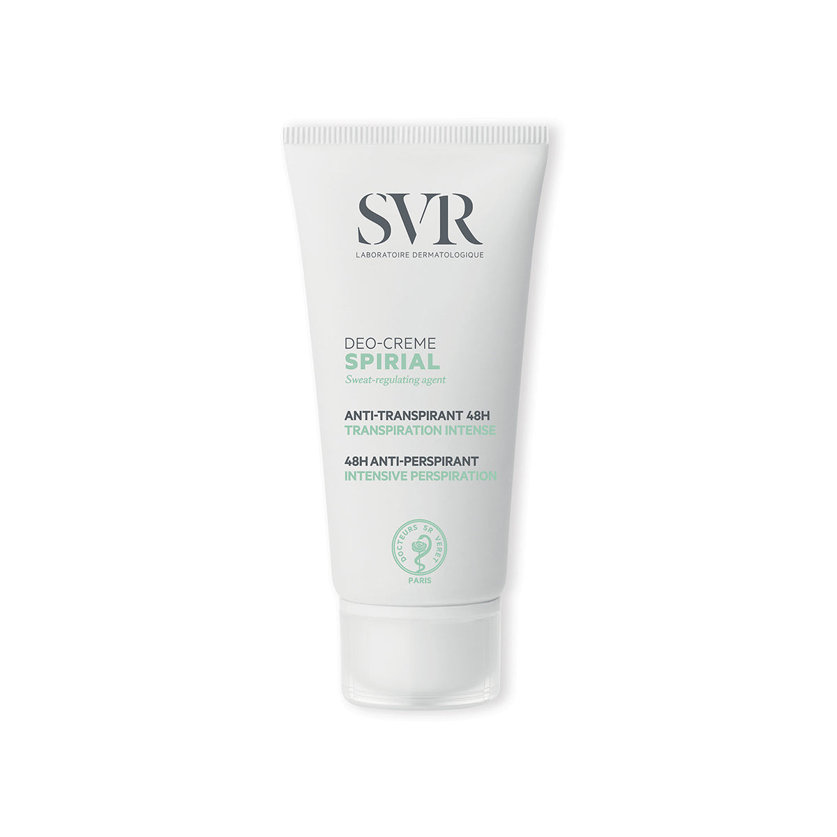 Tubo branco de creme antitranspirante SVR Spirial com tampa transparente e detalhes em verde menta sobre fundo branco.