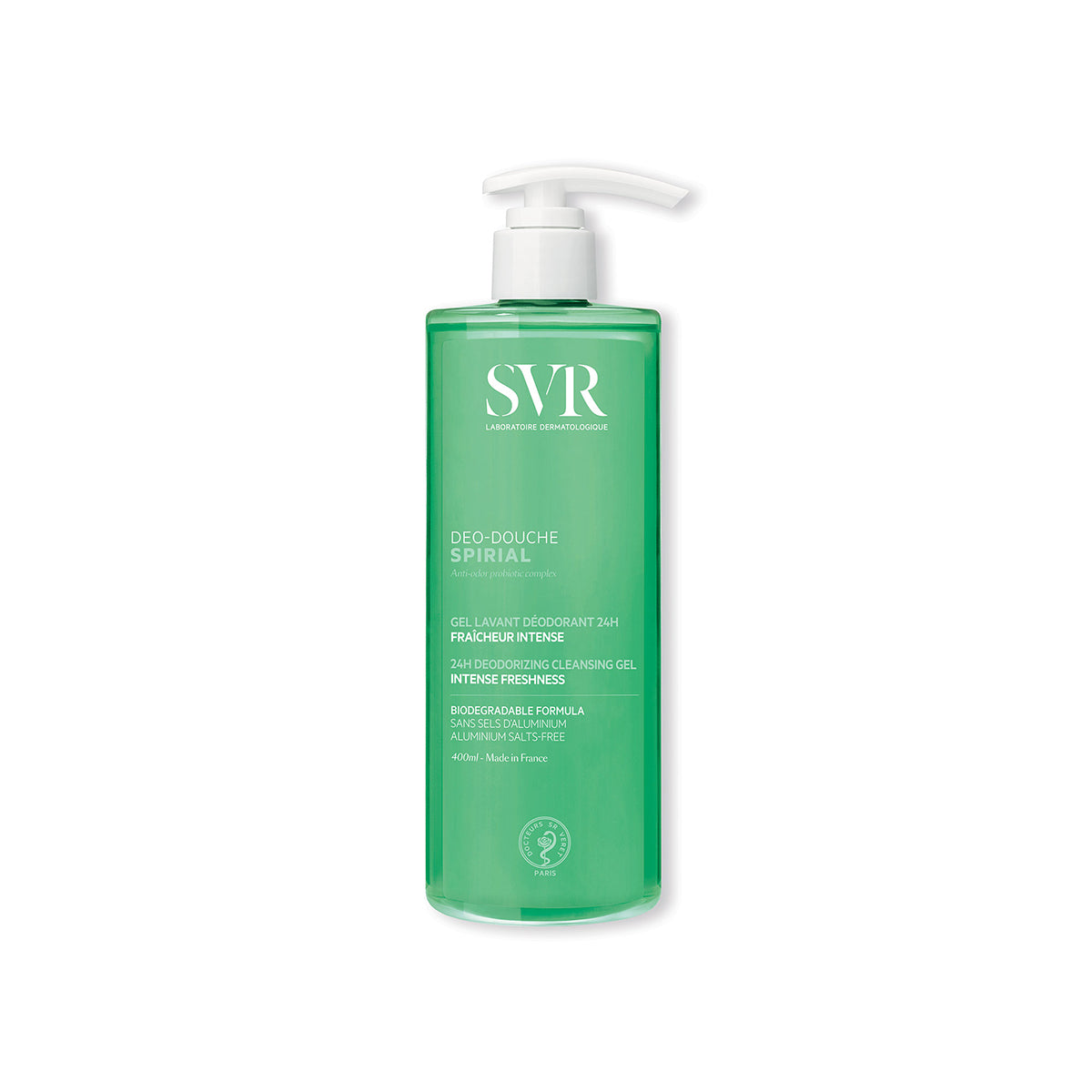 Frasco de 400ml de gel de duche SVR Spirial Deo-Douche verde translúcido com doseador branco sobre fundo branco.