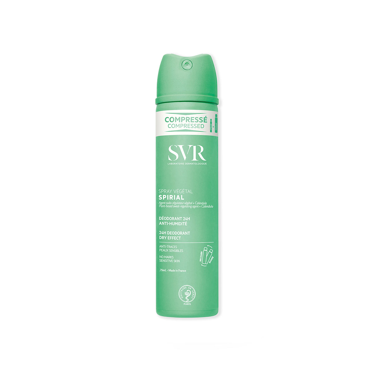 Spray desodorizante SVR Spirial Végétal de 75ml em embalagem verde compacta com tampa de pulverização e texto branco.