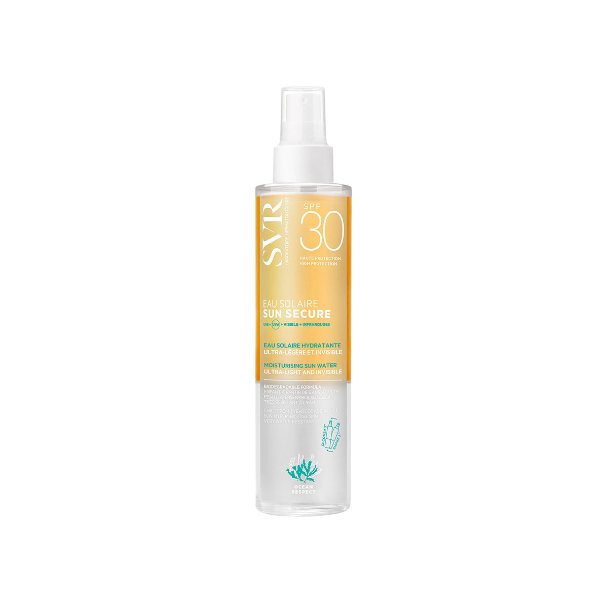 Frasco de spray SVR Sun Secure Eau Solaire SPF30 com rótulo degradê laranja e branco, proteção solar transparente.