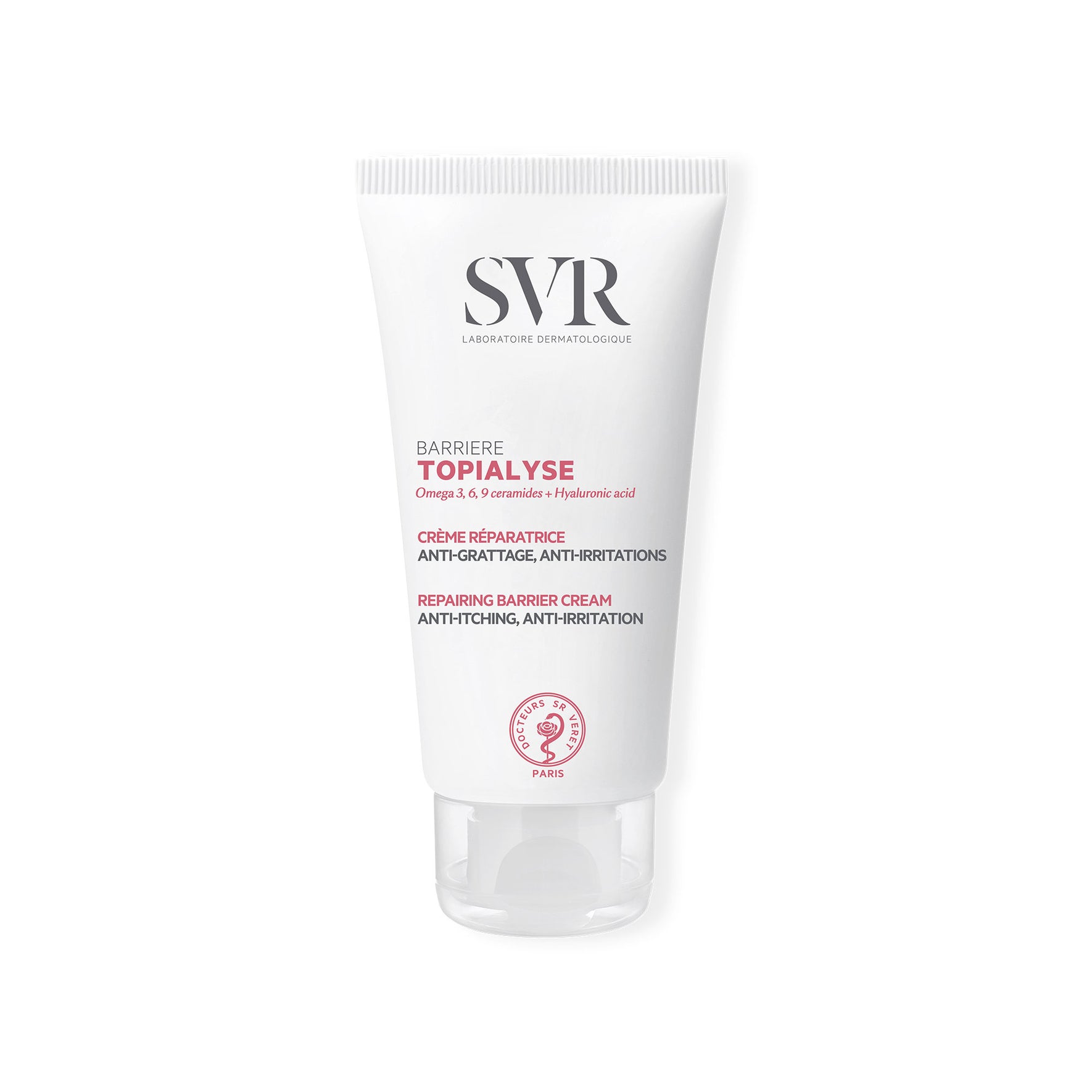 Tubo branco de creme reparador SVR Topialyse Barrière com tampa transparente, destacando ingredientes e benefícios na embalagem.