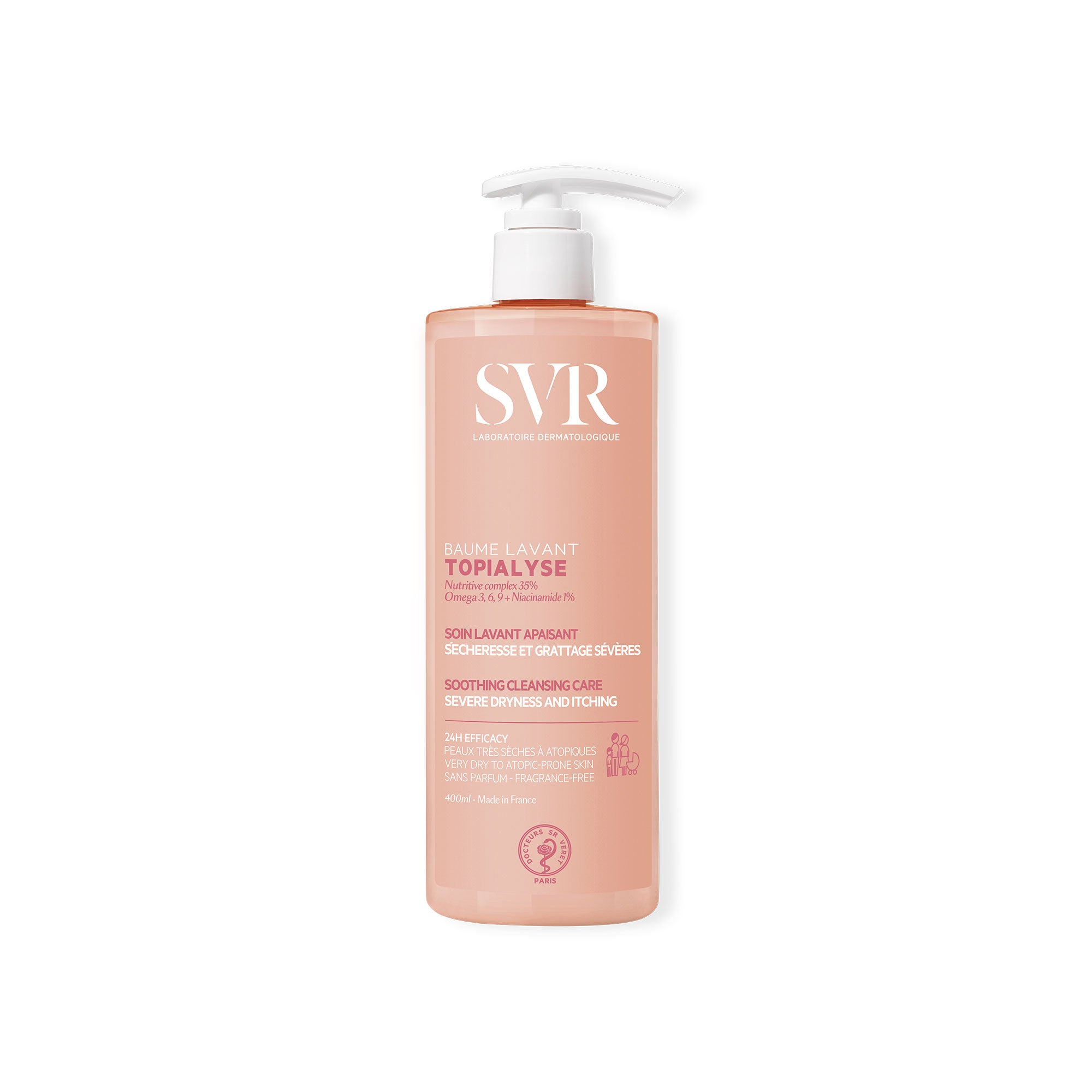 Embalagem de 400ml de SVR Topialyse Baume Lavant, bálsamo de limpeza calmante para pele seca com doseador branco.