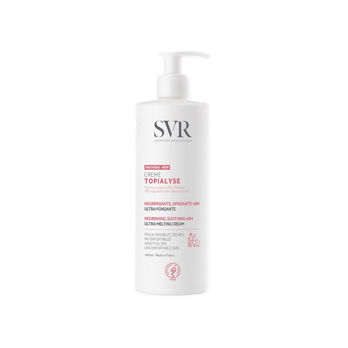 Embalagem branca de 400ml do creme hidratante SVR Topialyse com doseador, ideal para pele seca e sensível.