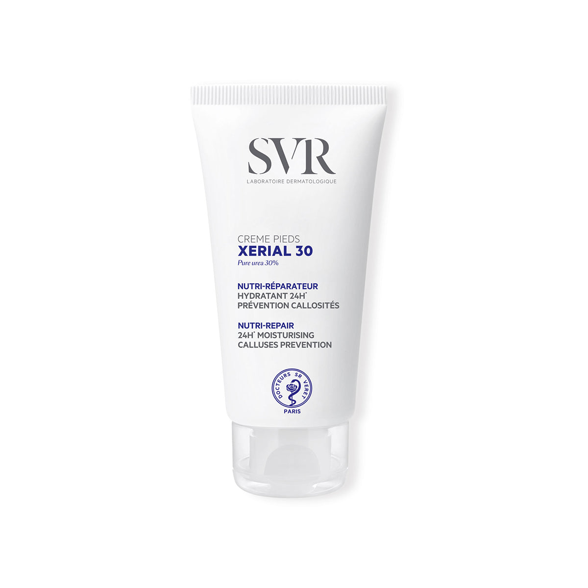 Bisnaga branca de creme para pés SVR Xerial 30 com tampa transparente e rotulagem em azul e cinzento.