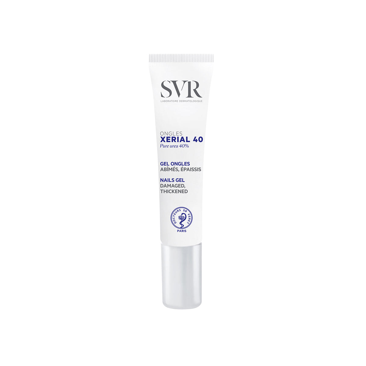 Tubo branco de gel SVR XERIAL 40 Ongles para unhas danificadas, com tampa cinzenta e rotulagem azul e preta.
