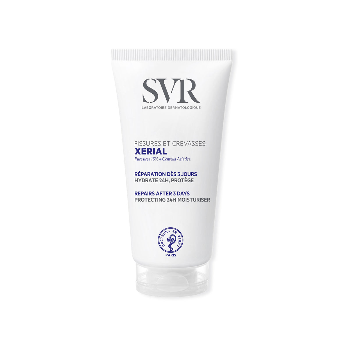 Tubo branco de creme reparador SVR Xerial Fissures & Crevasses com tampa transparente e texto informativo em azul e cinzento.