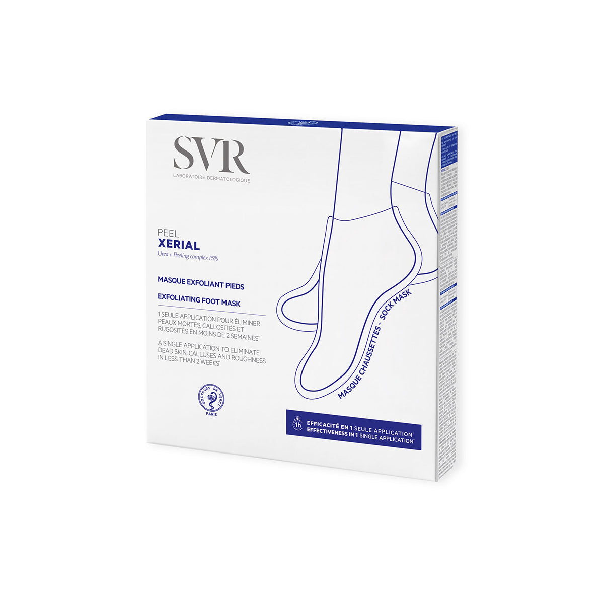 Embalagem branca e azul da máscara esfoliante SVR Xerial Peel para pés, com ilustração de meias e detalhes do tratamento.