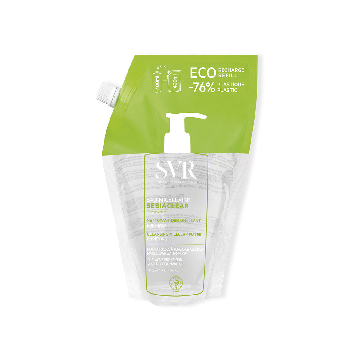 Recarga ecológica de 400ml SVR Sebiaclear Eau Micellaire em embalagem flexível verde e transparente com doseador.