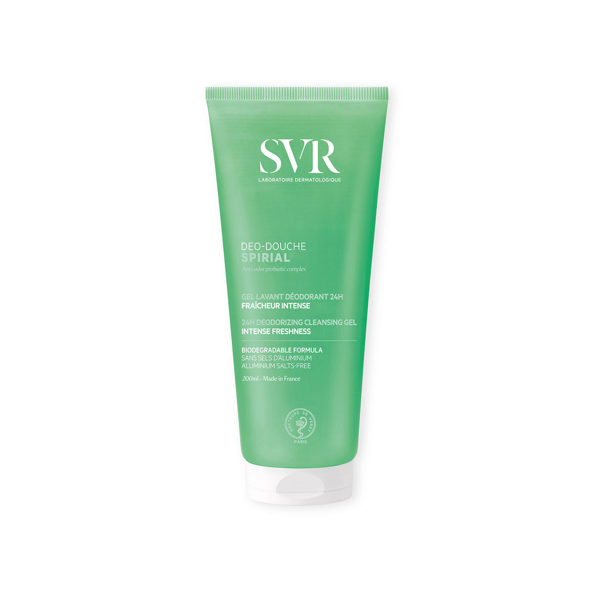 Embalagem verde de 200ml do gel de duche desodorizante SVR Spirial com tampa branca e texto informativo em branco.