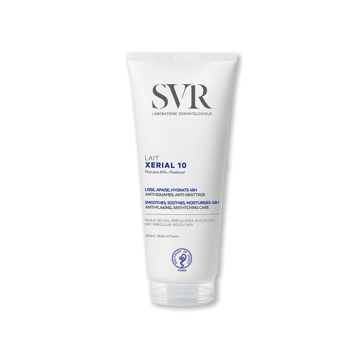 Embalagem branca de 200ml do hidratante corporal SVR Xerial 10 com tampa transparente, destacando a fórmula de ureia a 10%.