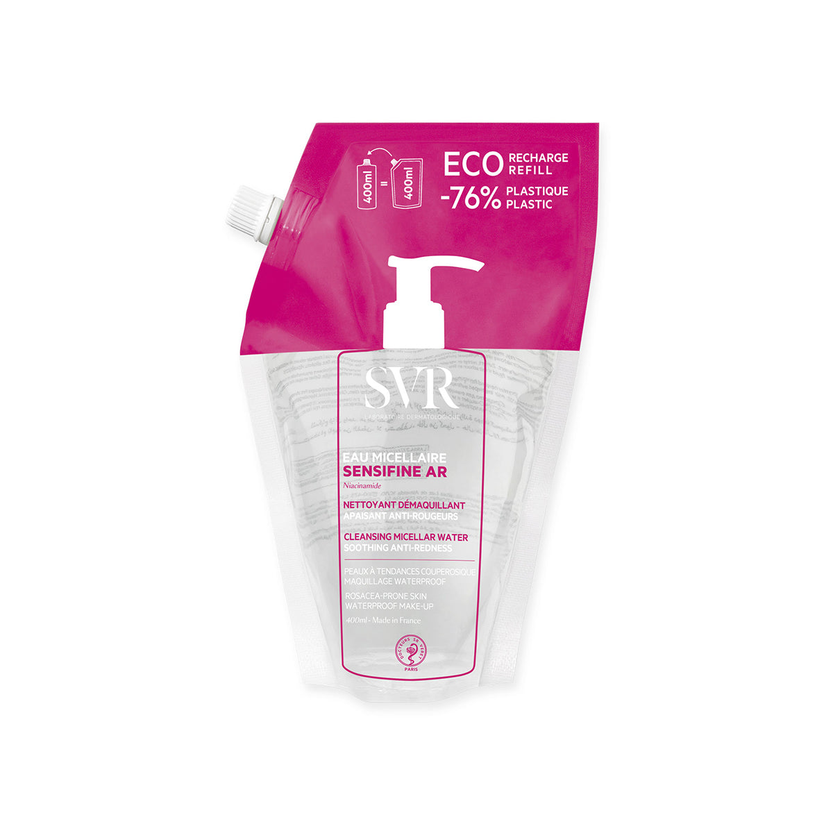 Recarga eco-friendly de 400ml da água micelar SVR Sensifine AR para pele com vermelhidão, em embalagem flexível rosa e branca.