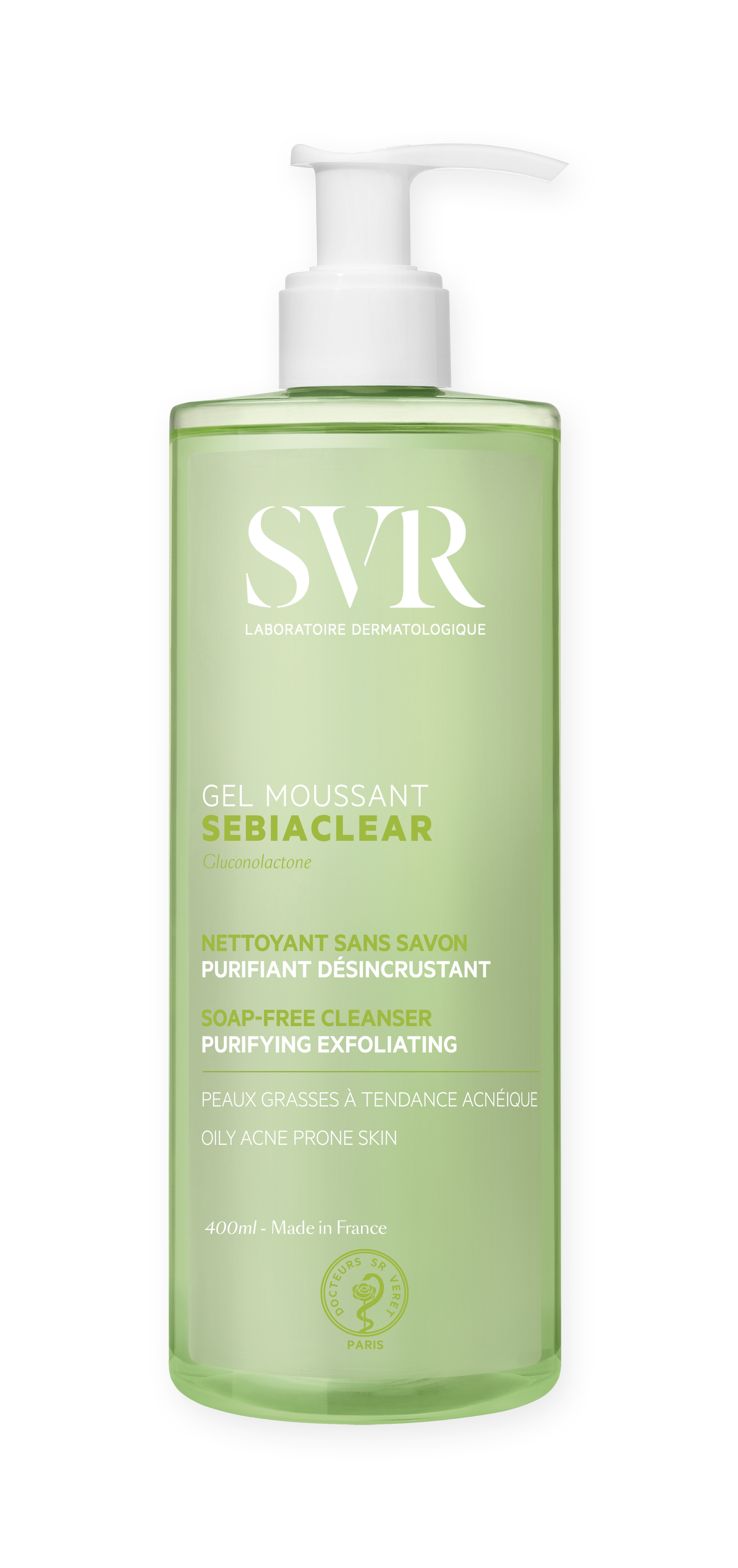 Frasco de 400ml de gel de limpeza SVR Sebiaclear verde translúcido com válvula pump branca para pele oleosa e acneica.