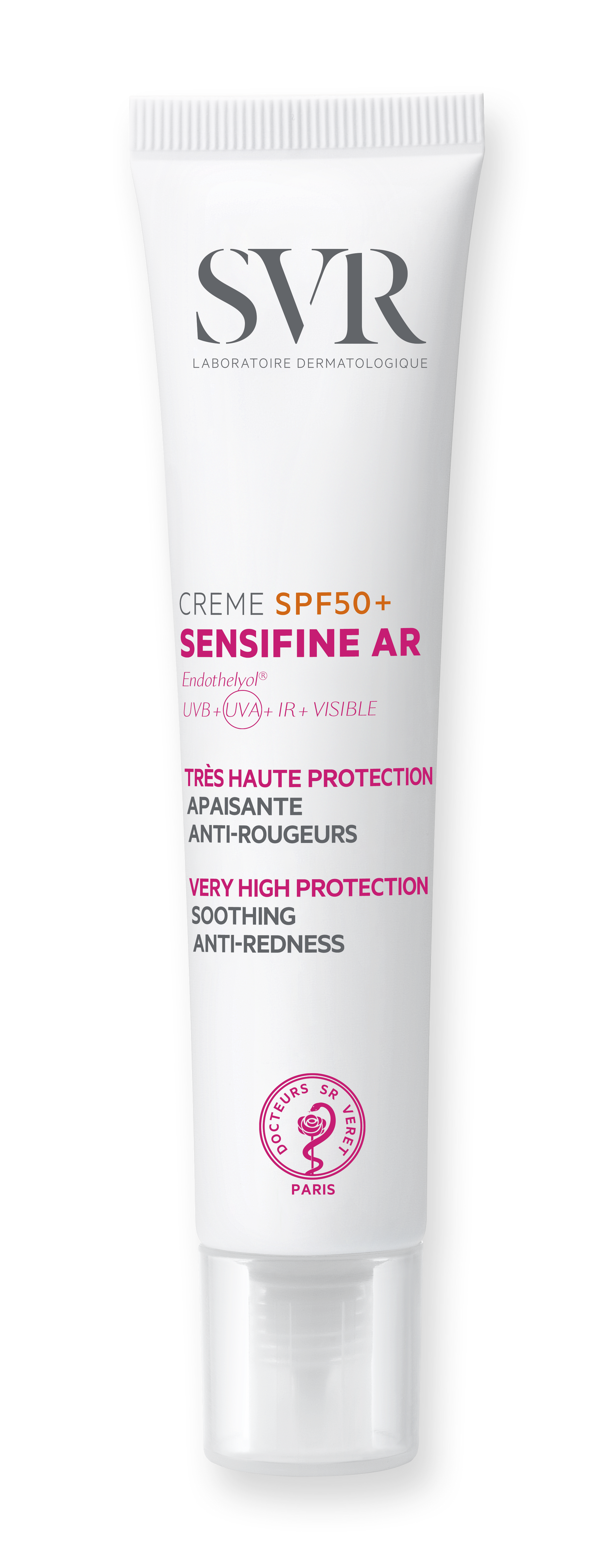 Bisnaga branca de creme SVR Sensifine AR com proteção solar SPF50+, focada em peles sensíveis com vermelhidão.