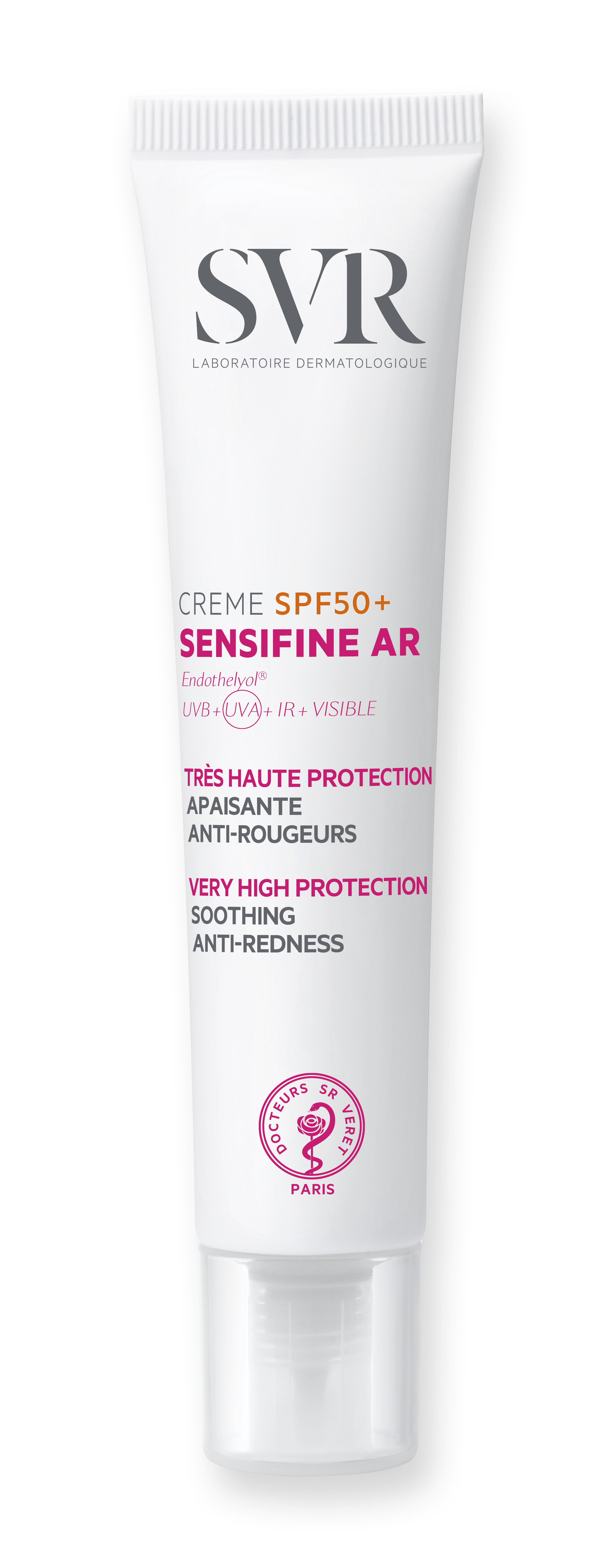 Bisnaga branca de creme SVR Sensifine AR com proteção solar SPF50+, focada em peles sensíveis com vermelhidão.