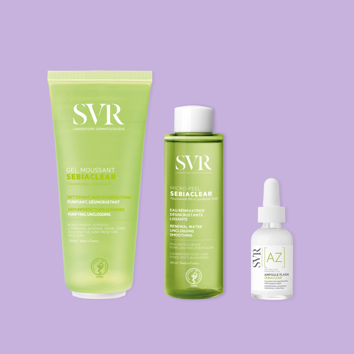 Trois produits SVR Sebiaclear : un gel nettoyant vert, une lotion micro-peeling et un sérum anti-imperfections blanc.