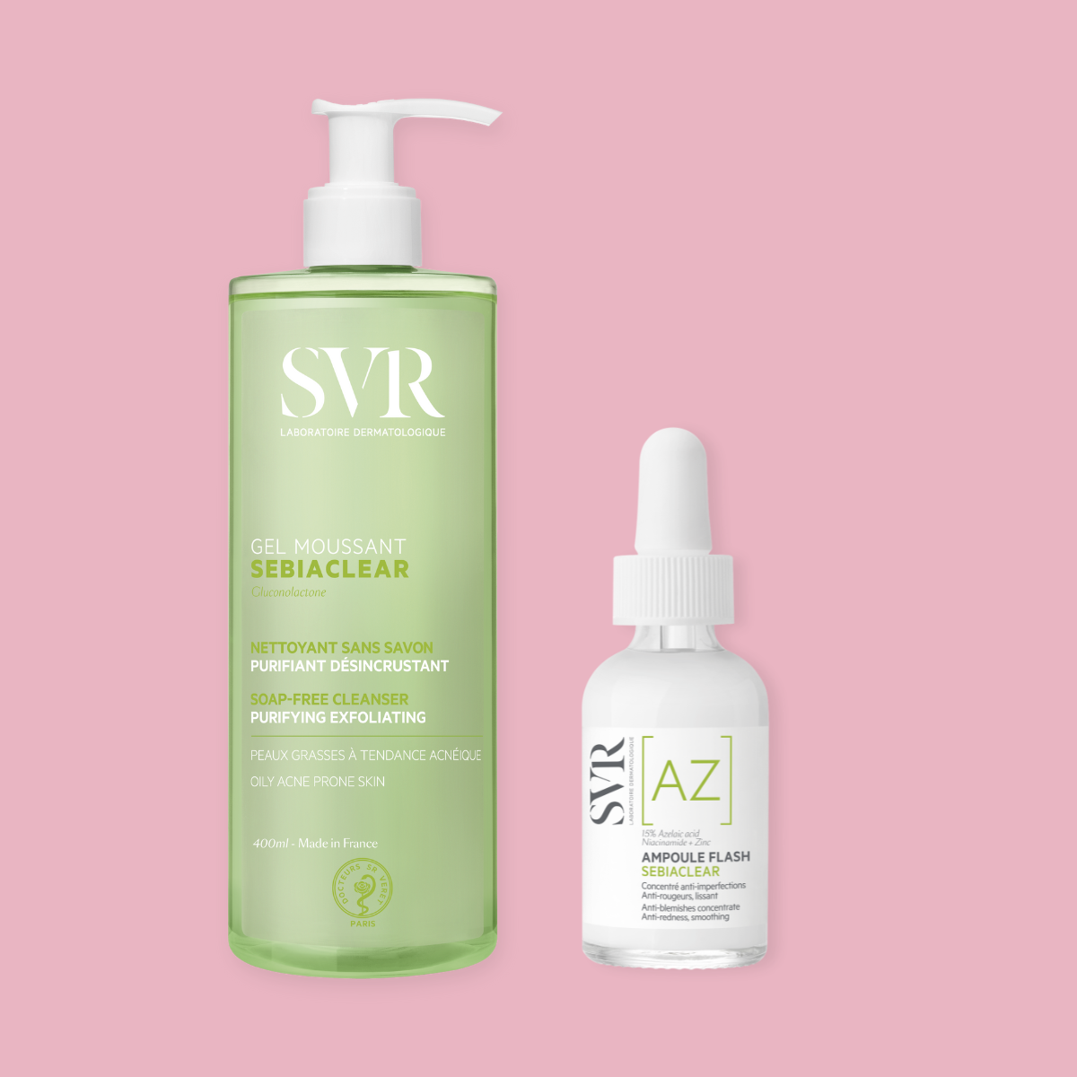 Gel de limpeza SVR Sebiaclear de 400ml e sérum Ampoule Flash contra borbulhas em fundo rosa.