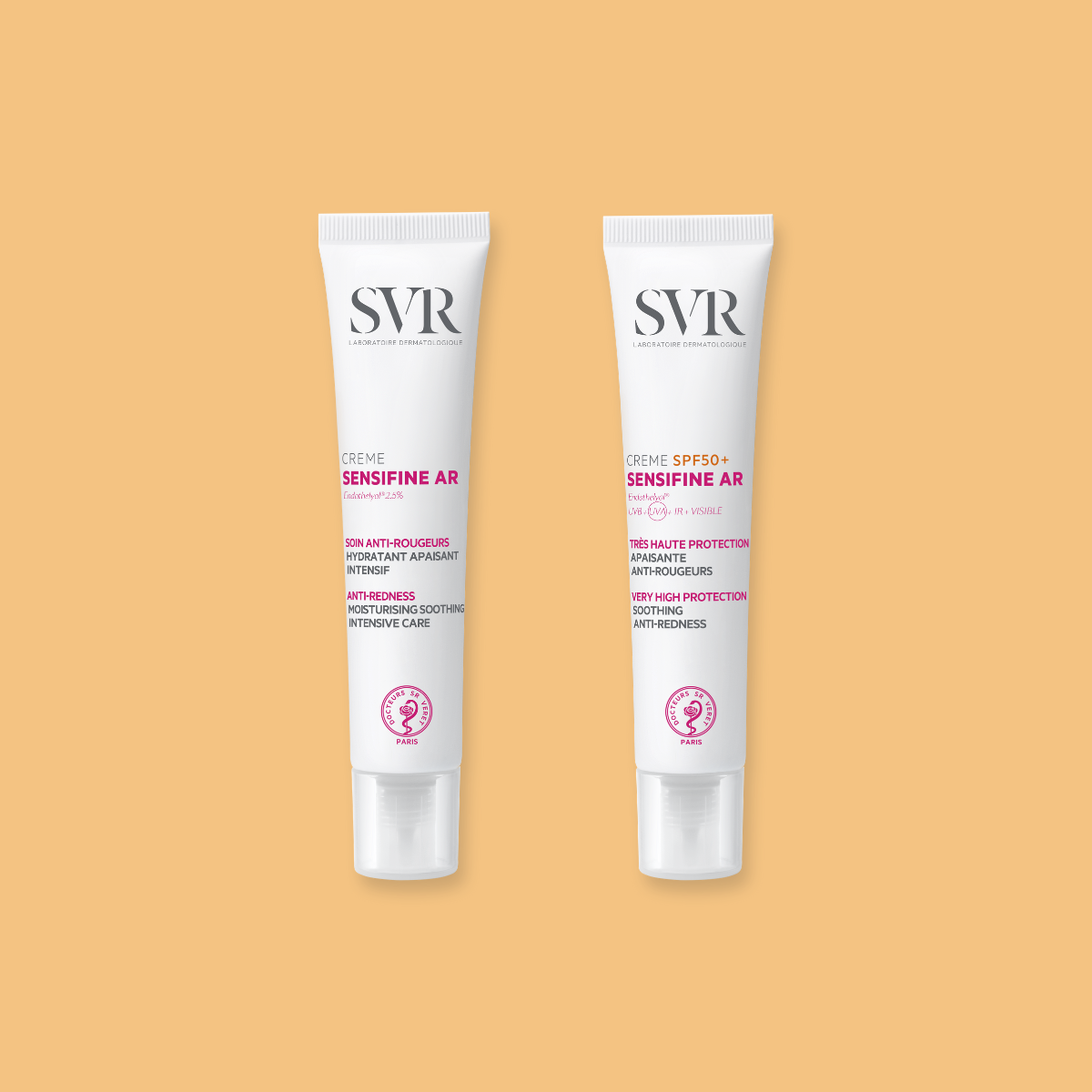 Dois tubos brancos de creme SVR Sensifine AR para pele sensível com vermelhidão sobre fundo bege.