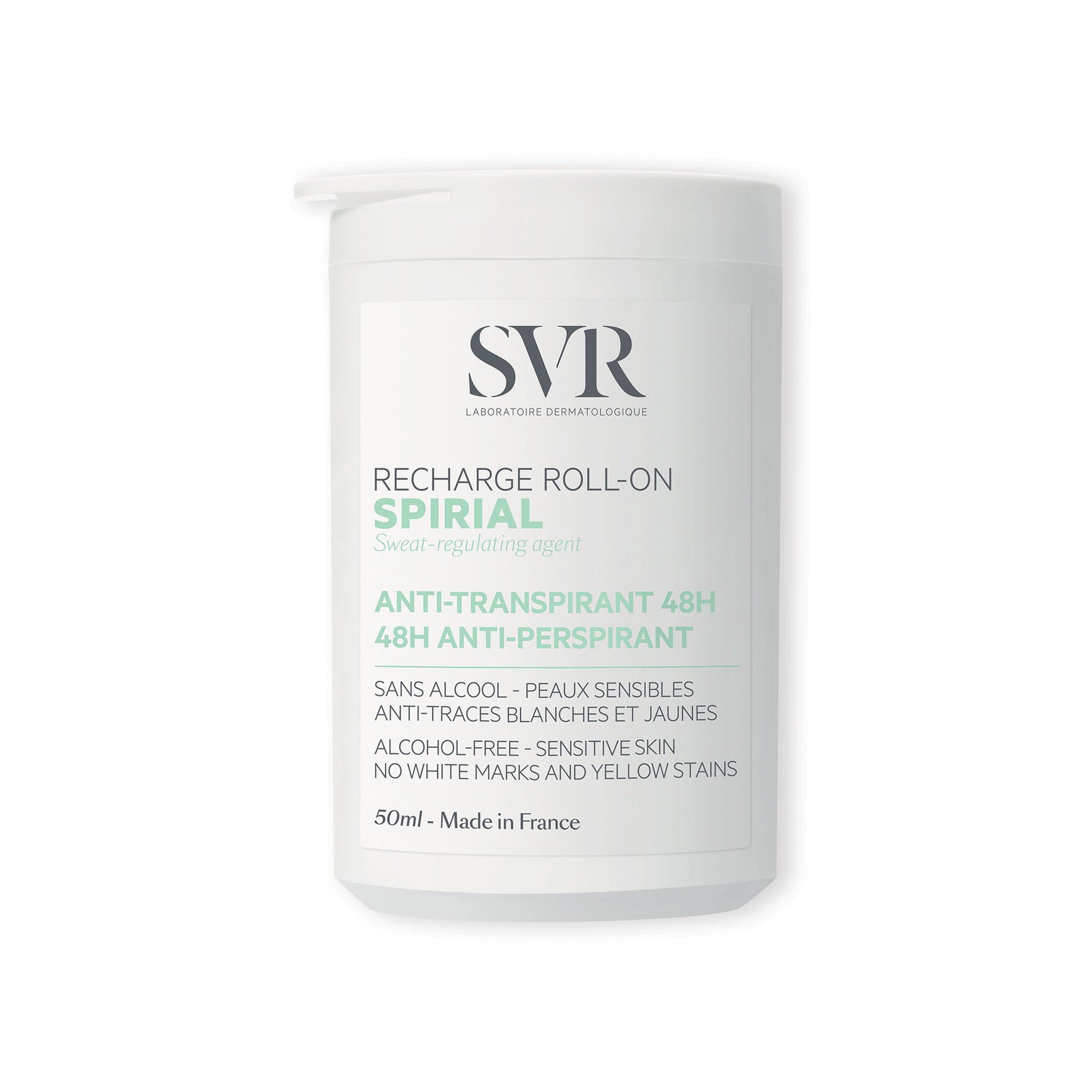 Recarga de antitranspirante SVR Spirial 50ml em embalagem cilíndrica branca com rótulo informativo em tons de verde e preto.