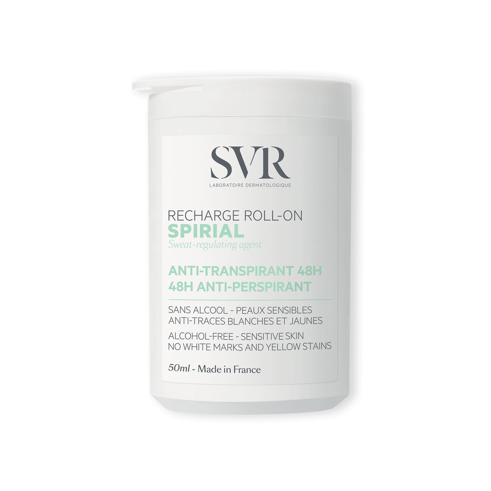Recarga de antitranspirante SVR Spirial 50ml em embalagem cilíndrica branca com rótulo informativo em tons de verde e preto.