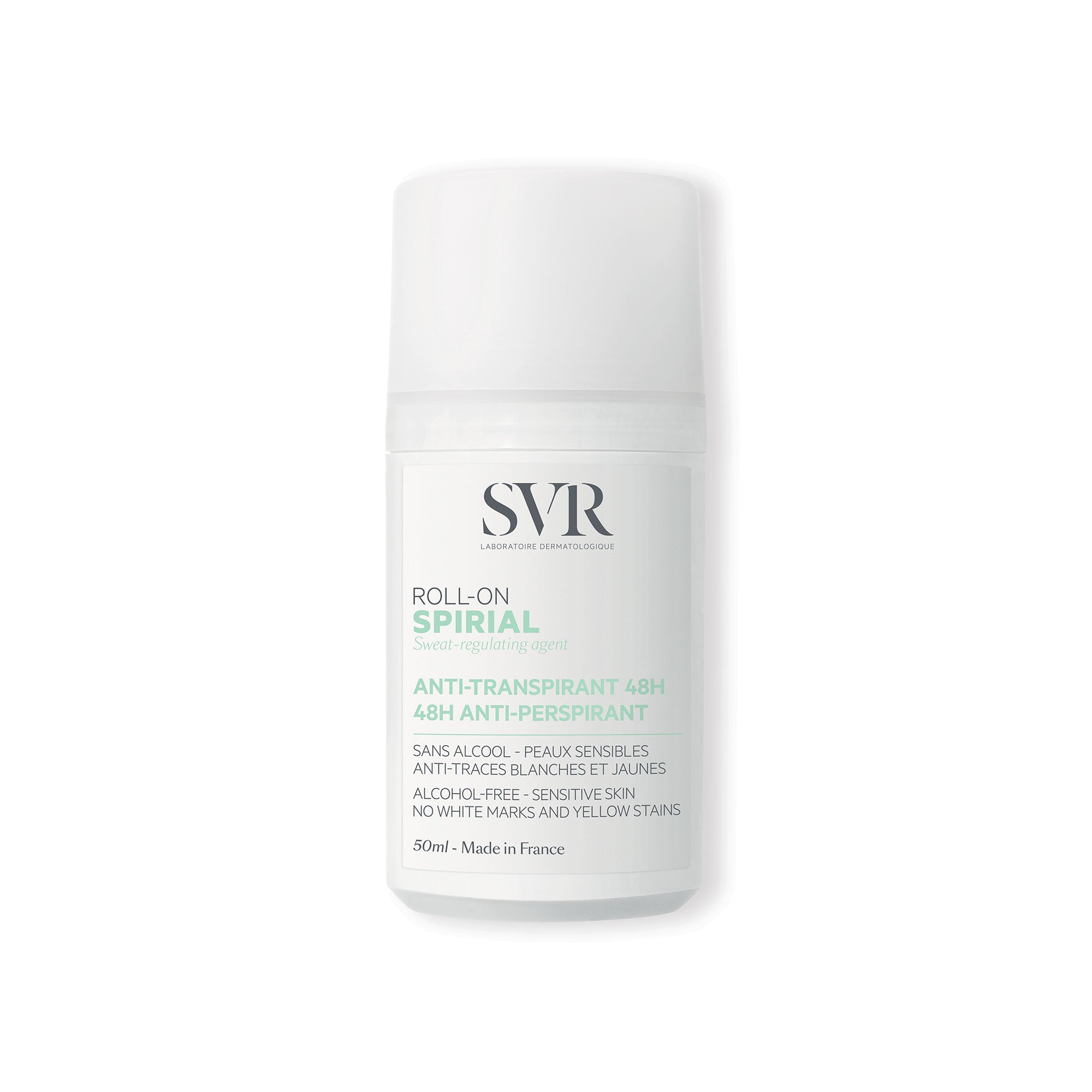 Desodorizante roll-on SVR Spirial de 50ml com embalagem branca e detalhes em verde, indicado para pele sensível.