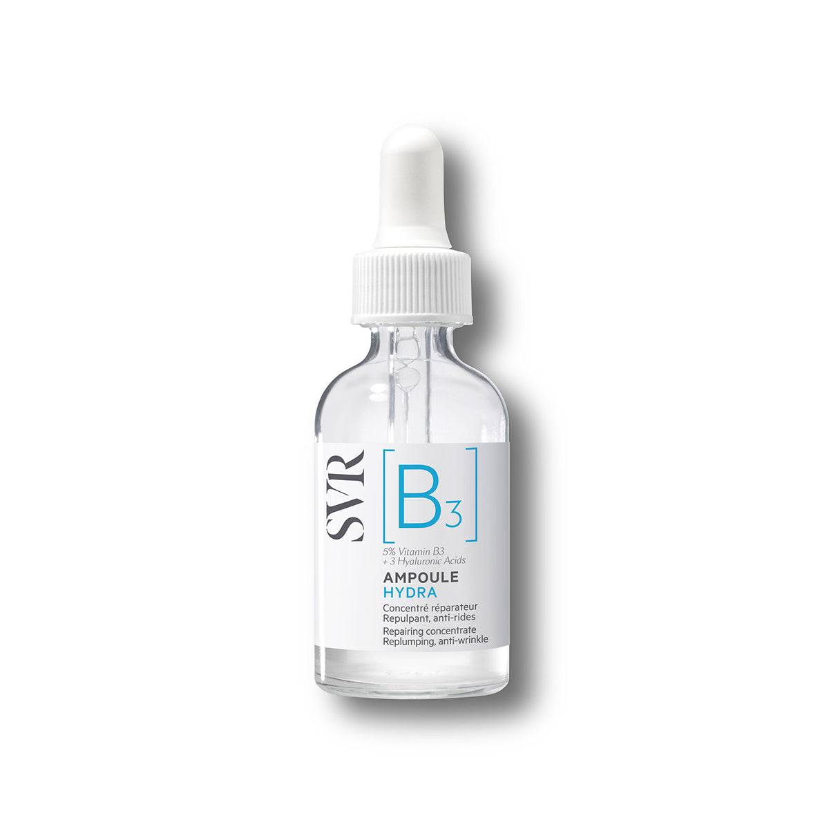 Frasco de vidro transparente com conta-gotas branco do sérum SVR Ampoule Hydra com rótulo informativo em fundo branco.