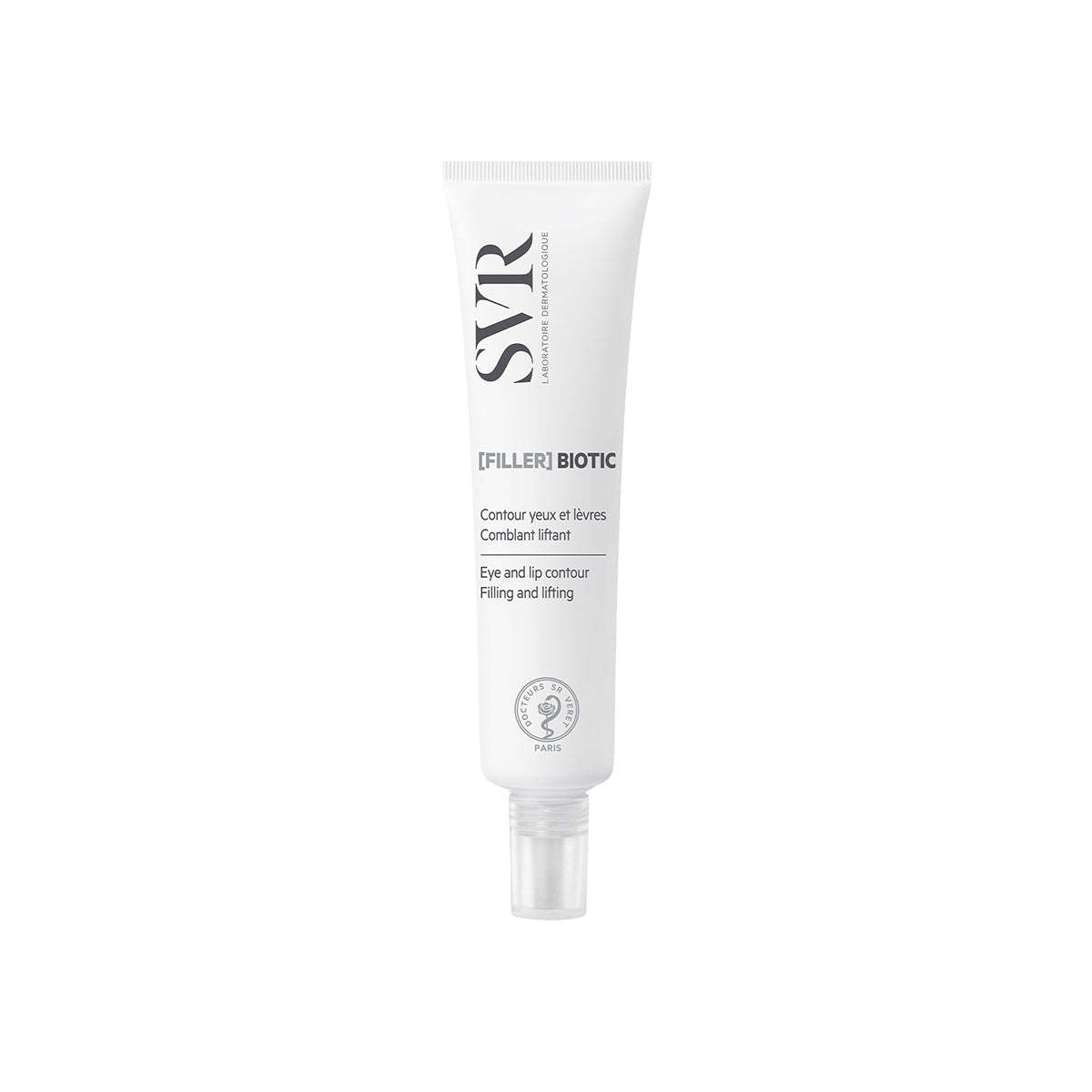 Bisnaga branca de creme SVR [FILLER] BIOTIC para contorno de olhos e lábios com tampa transparente em fundo branco.