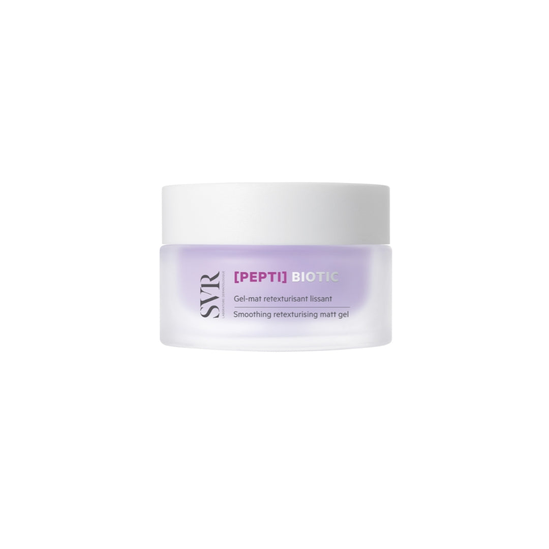 Frasco de gel regenerador SVR [PEPTI] Biotic com tampa branca e embalagem de vidro fosco em tom lilás suave.