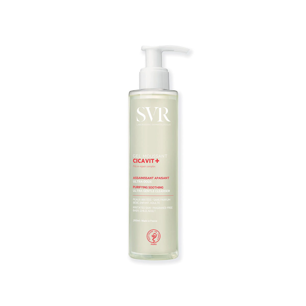 Frasco de 200ml de gel de limpeza SVR Cicavit+ com doseador branco, rótulo minimalista e texto em tons de branco e vermelho.