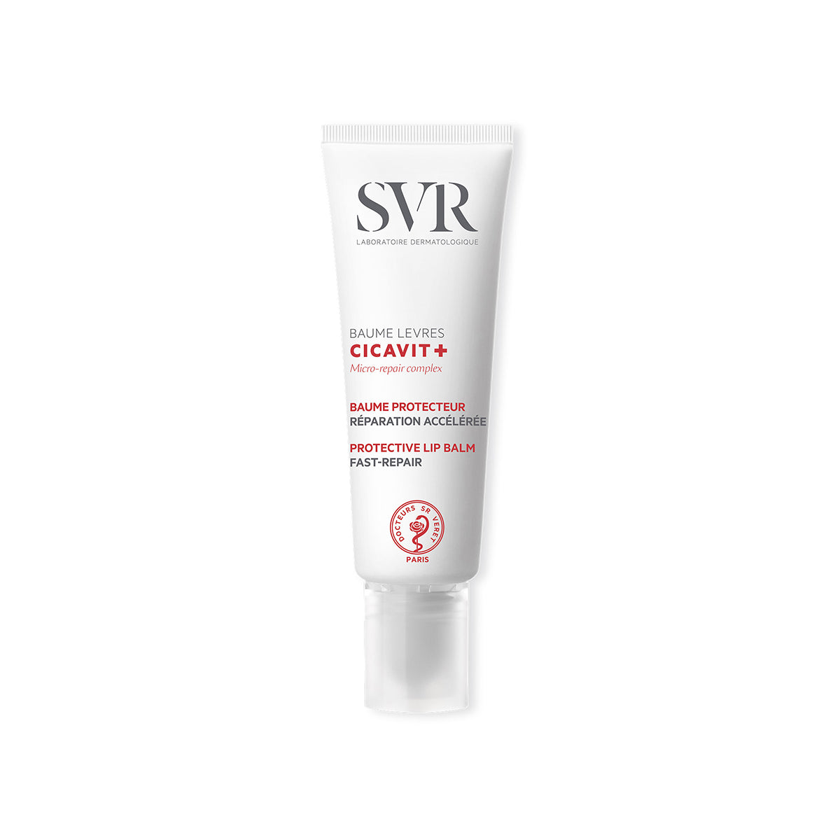 Tubo branco de bálsamo reparador labial SVR Cicavit+ com tampa transparente e rotulagem em preto e vermelho.