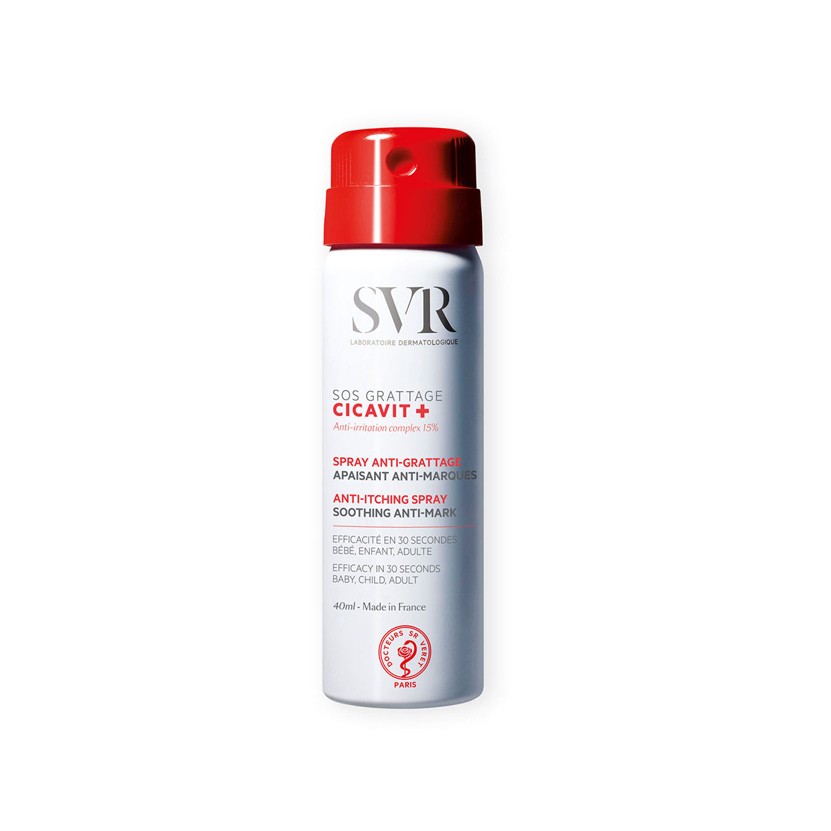 Spray anti-comichão SVR Cicavit+ SOS Grattage de 40ml com embalagem branca e tampa vermelha sobre fundo branco.