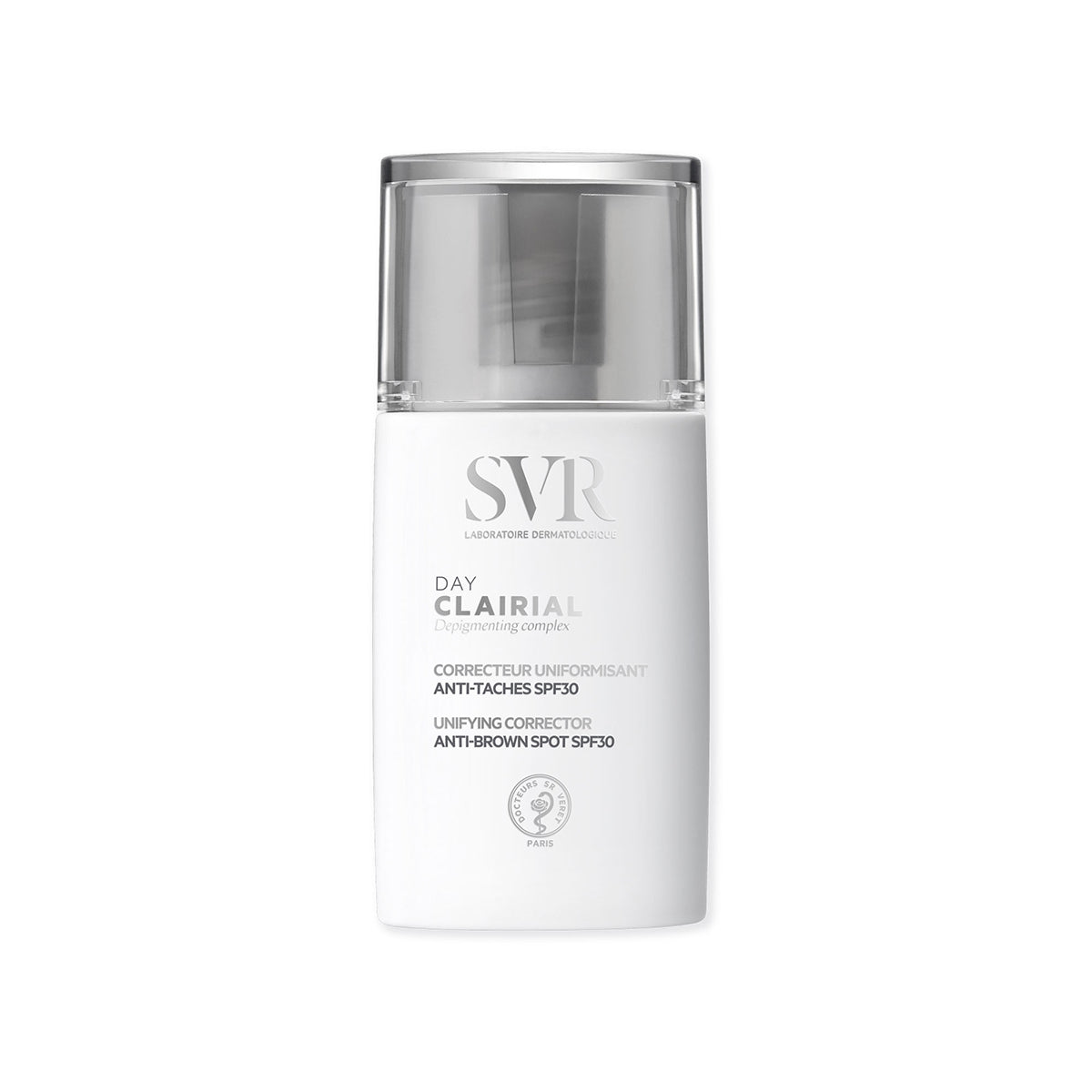 Frasco branco de SVR Clairial Day com tampa transparente, creme antimanchas com SPF30 para uniformizar o tom da pele.