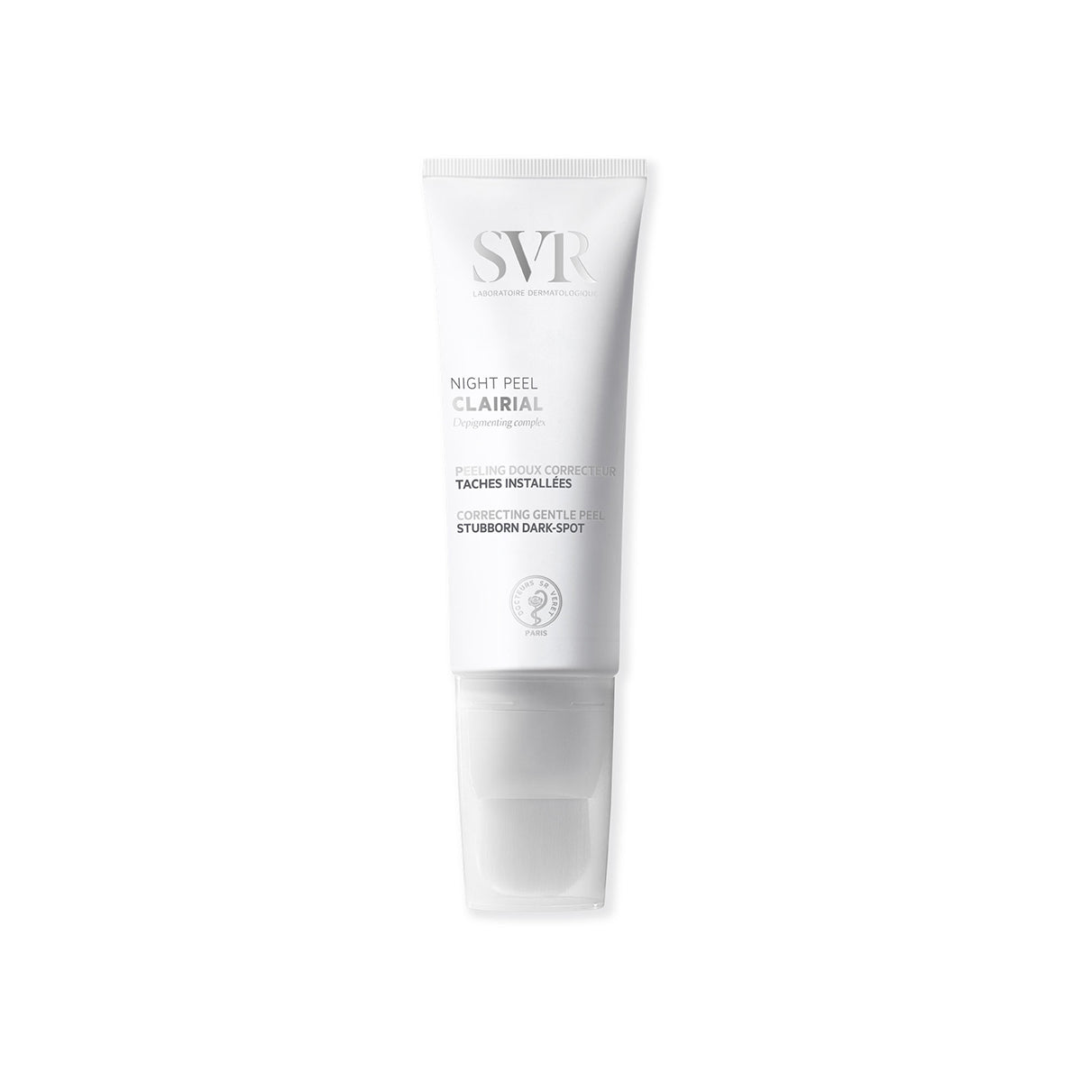 Bisnaga branca SVR Clairial Night Peel com aplicador em pincel para tratamento de manchas faciais.