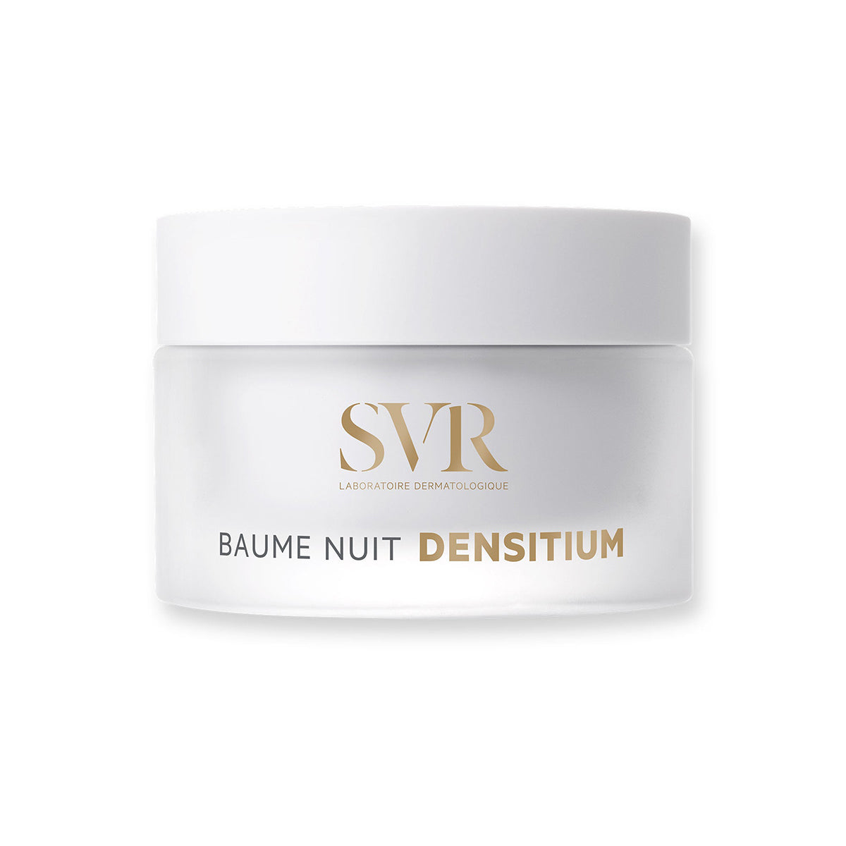 Frasco de creme noturno SVR Densitium em vidro fosco com tampa branca e logótipo dourado em fundo branco.