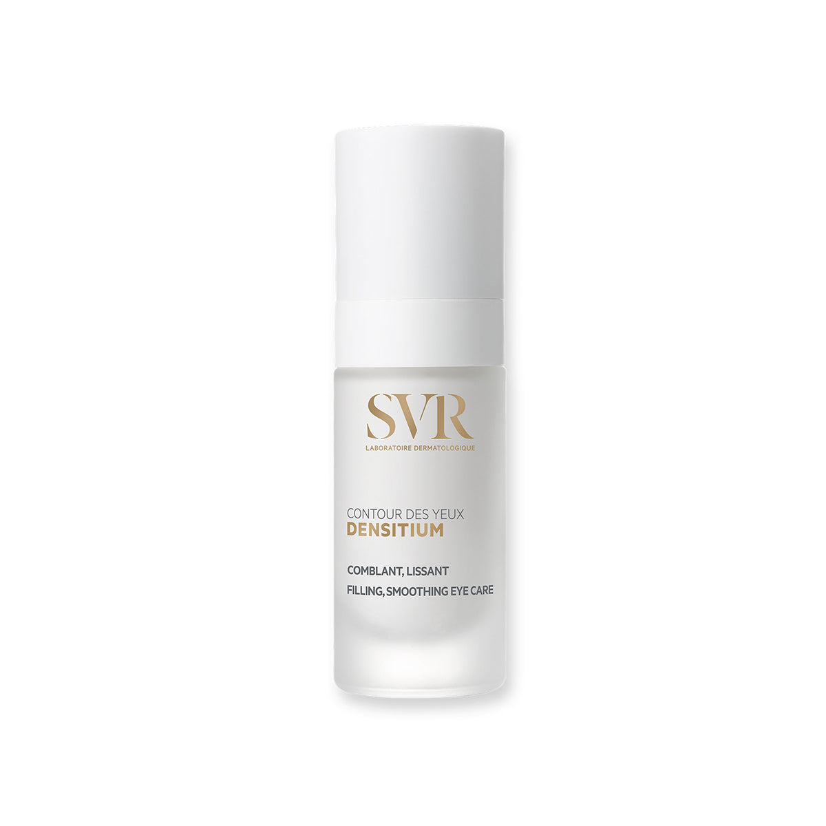 Frasco de creme de olhos SVR DENSITIUM em vidro fosco branco com tampa e letras douradas sobre fundo branco.