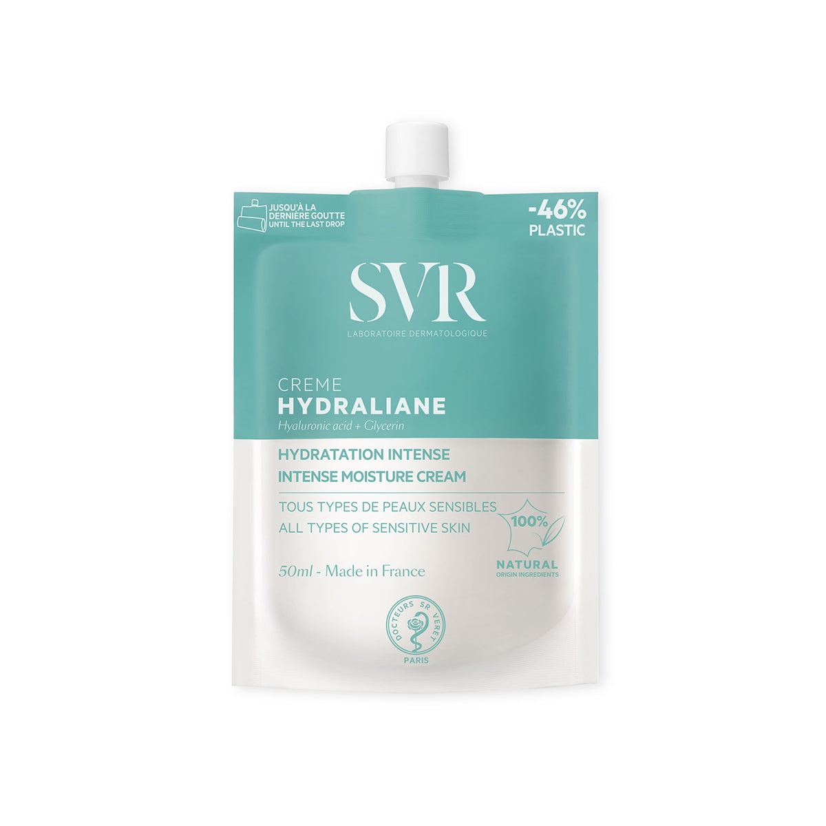 Embalagem eco-responsável de 50ml do creme hidratante SVR Hydraliane em tom verde água com tampa branca.