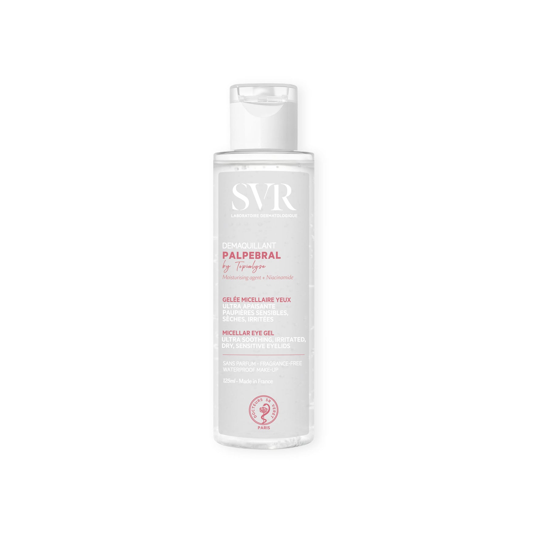 Frasco transparente de gel desmaquilhante SVR Palpebral de 125ml com tampa branca, ideal para olhos sensíveis.