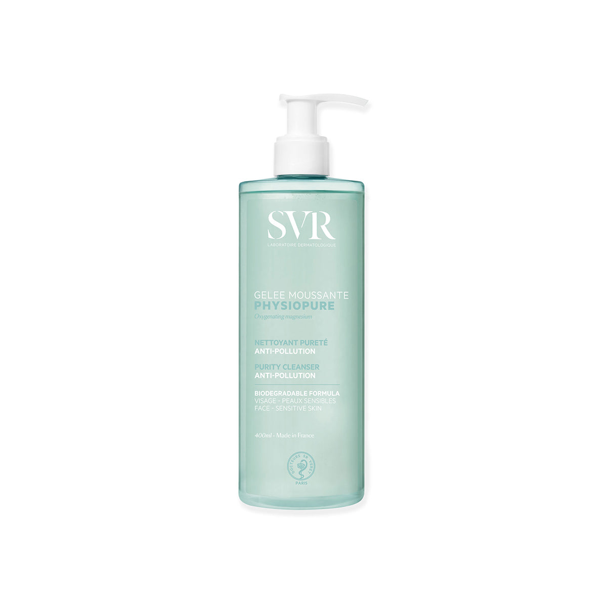 Frasco de 400ml de gel de limpeza SVR Physiopure com doseador branco, embalagem verde translúcida e rótulo minimalista.