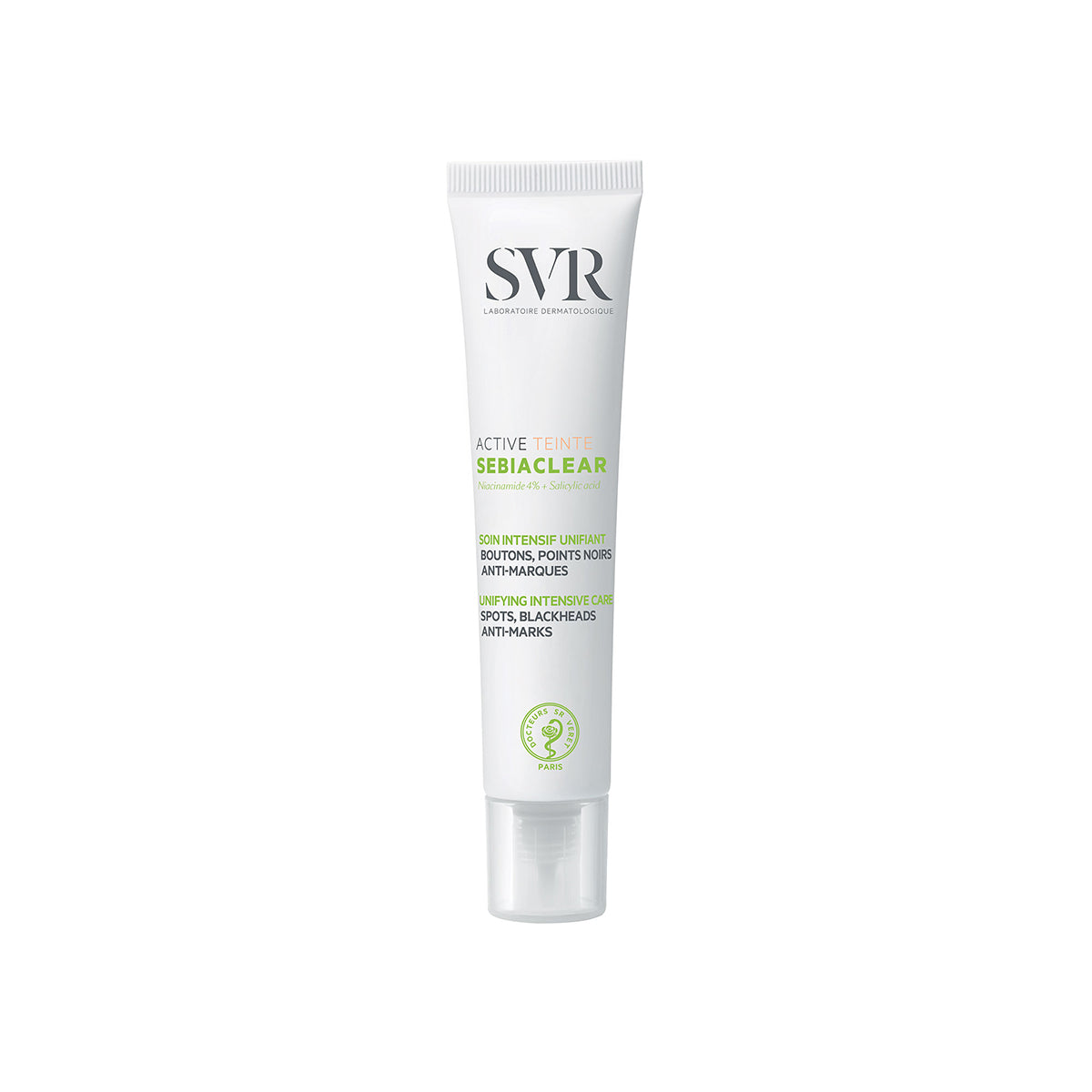Tubo branco de SVR Sebiaclear Active Teinté com tampa transparente, tratamento intensivo para pele acneica.